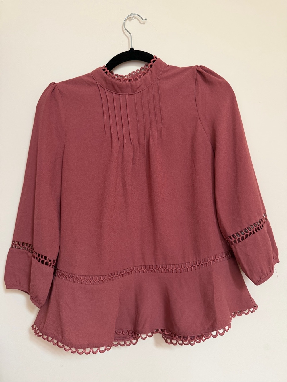 Moon River Mauve Lace-Trim Peplum Blouse